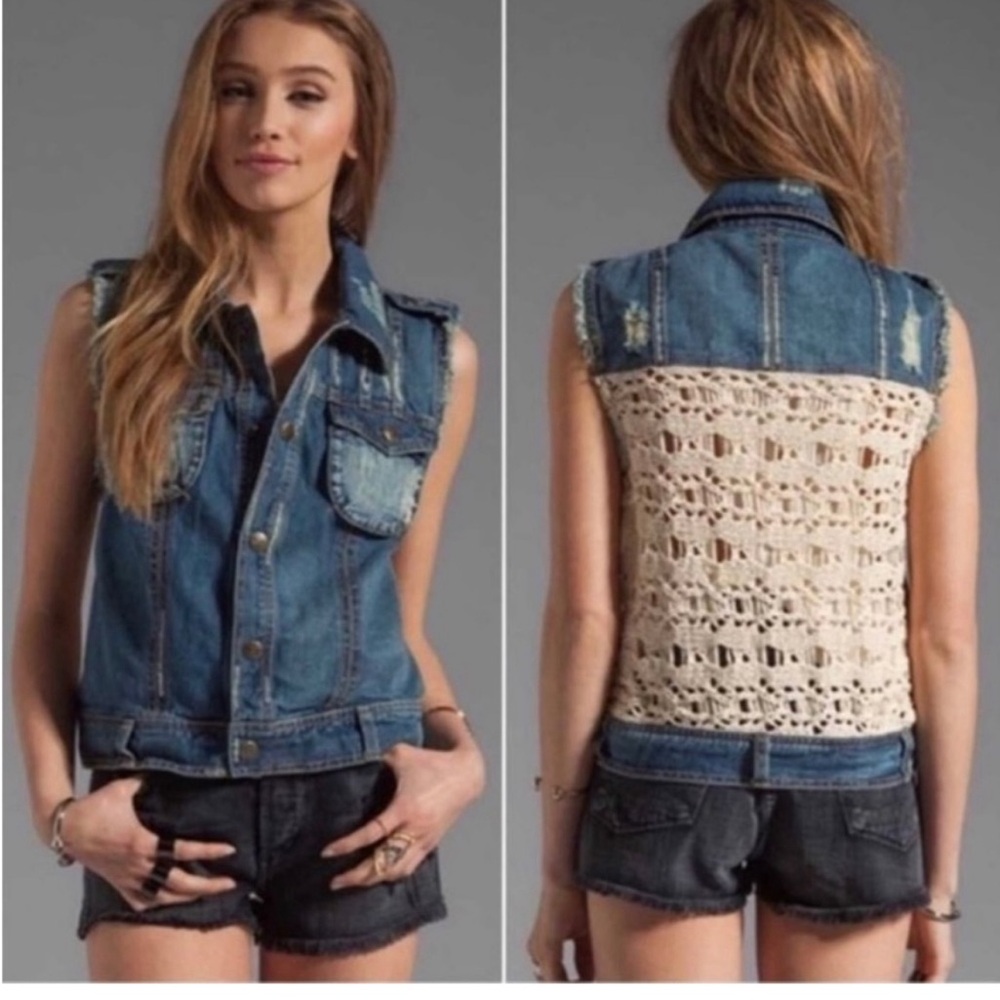 Free People Crochet Back Distressed Denim Vest. Size Small